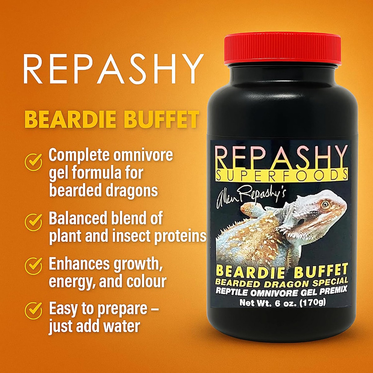 Repashy Beardie Buffet 170g infographic showing key benefits and product jar