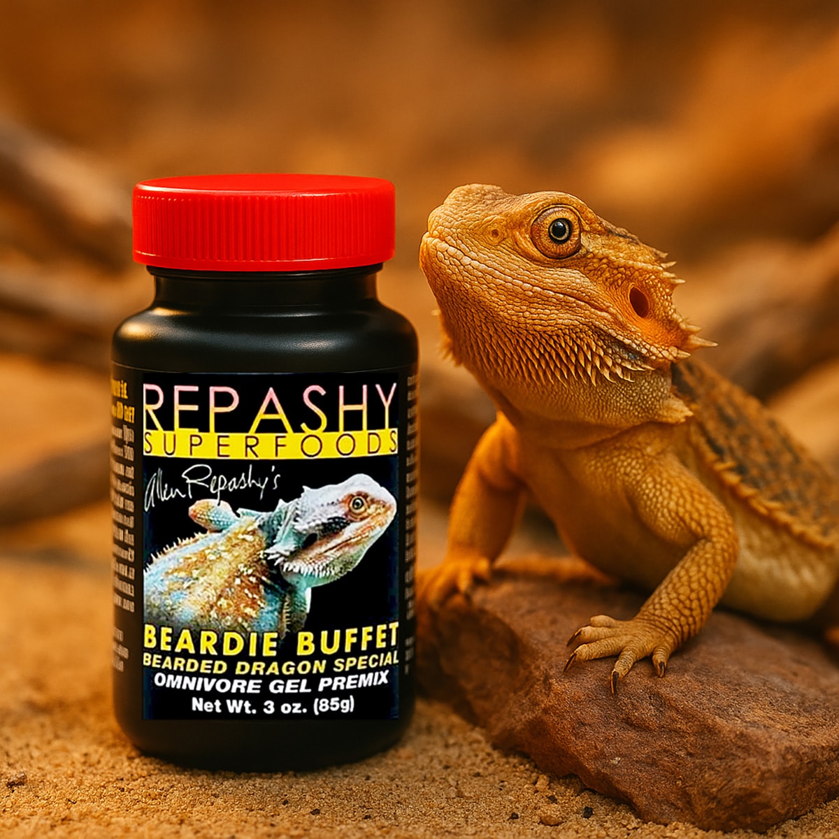 Repashy Beardie Buffet 85g lifestyle image with reptiles and product jar