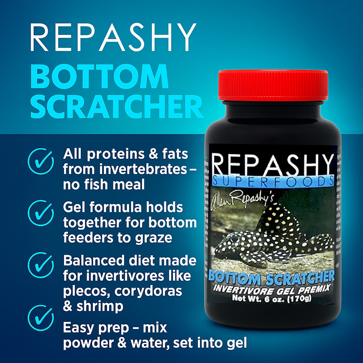 Repashy Bottom Scratcher 170g infographic showing nutrients for plecos catfish and loaches