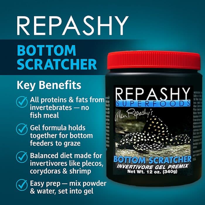 Repashy Bottom Scratcher 340g infographic showing nutrients for plecos catfish and loaches