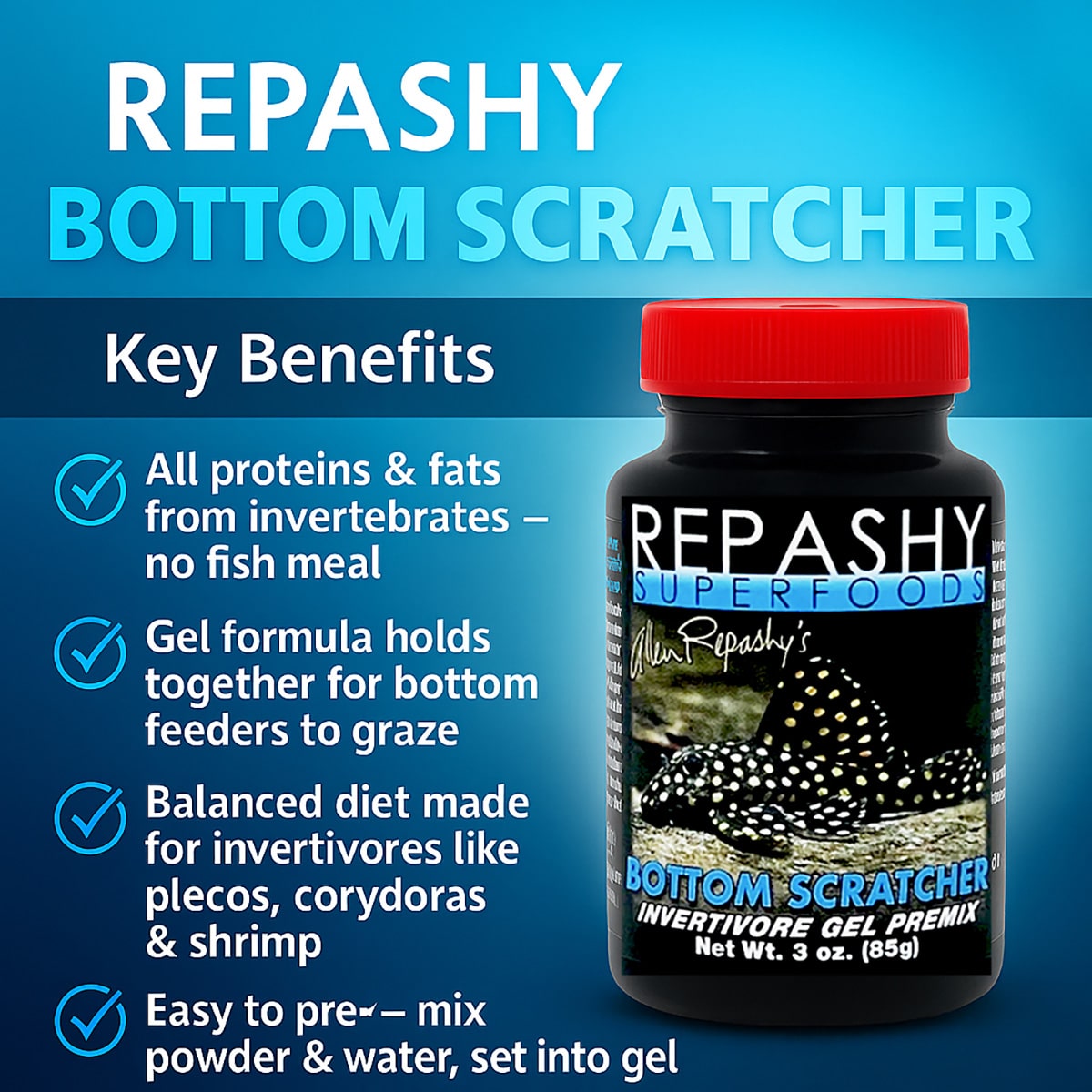 Repashy Bottom Scratcher 85g infographic showing nutrients for plecos catfish and loaches