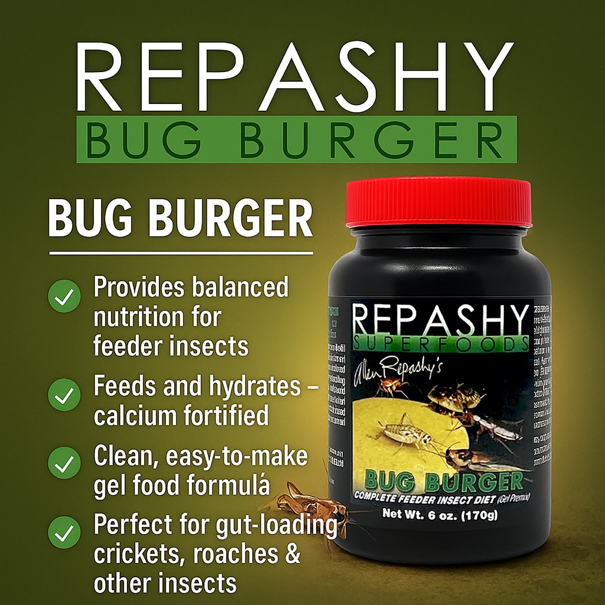 Repashy Bug Burger 170g infographic showing benefits and preparation instructions