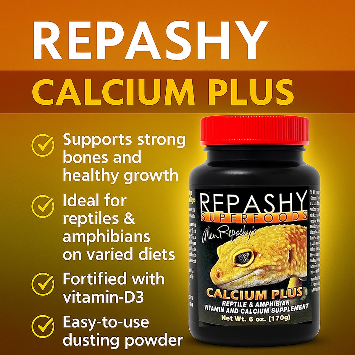Repashy Calcium Plus All-In-One 170g infographic showing key benefits and usage
