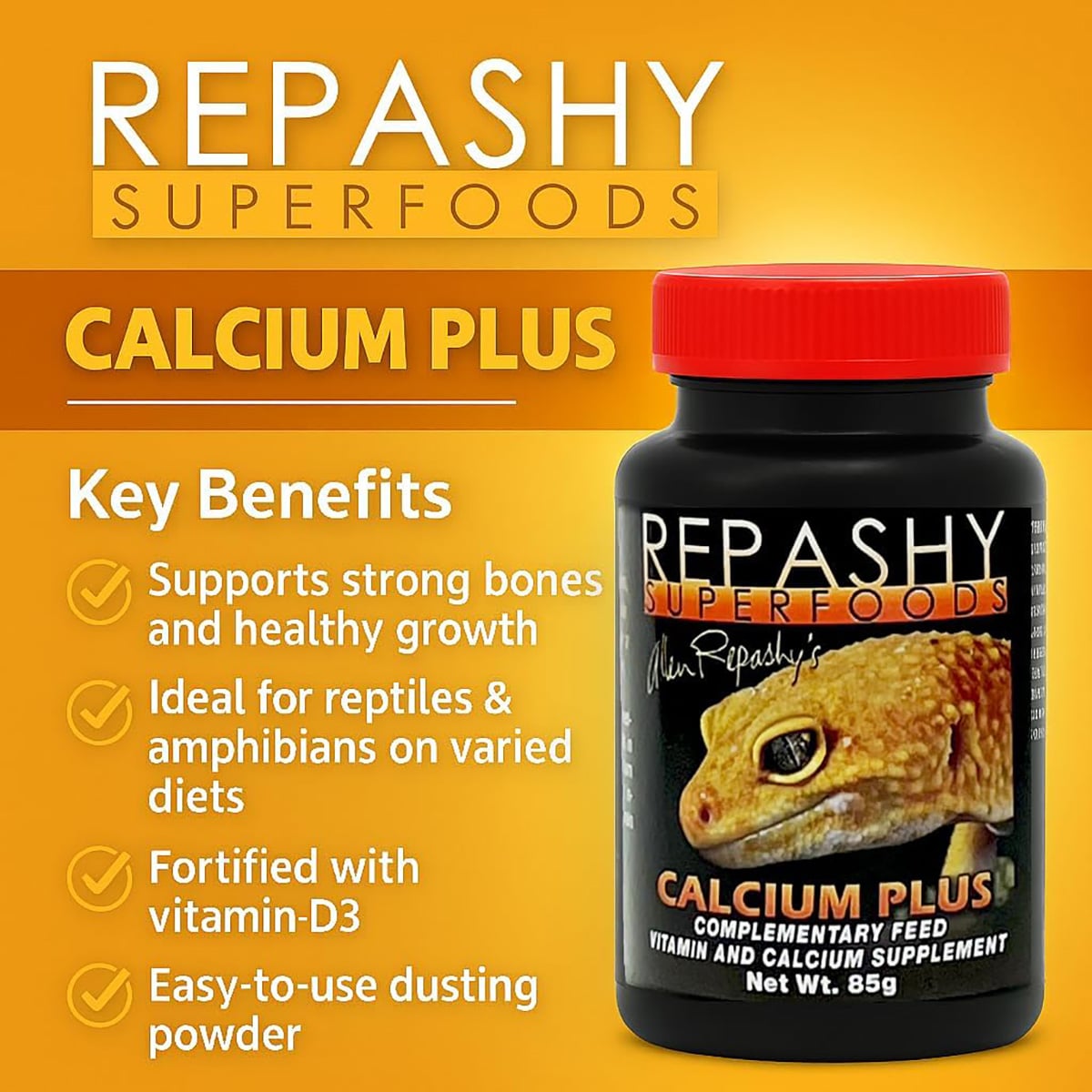 Repashy Calcium Plus All-In-One 85g infographic showing key benefits and usage