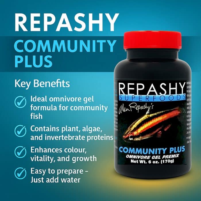 Repashy Community Plus 170g infographic highlighting key benefits of this omnivorous freshwater gel food for aquarium fish
