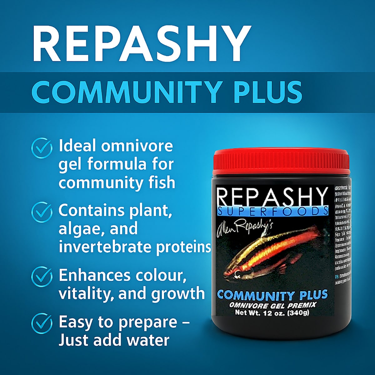Repashy Community Plus 340g infographic highlighting key benefits of this omnivorous freshwater gel food for aquarium fish