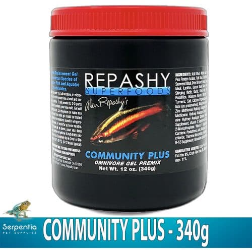 Repashy Community Plus 340g fish food jar showing omnivorous freshwater gel diet for aquarium fish