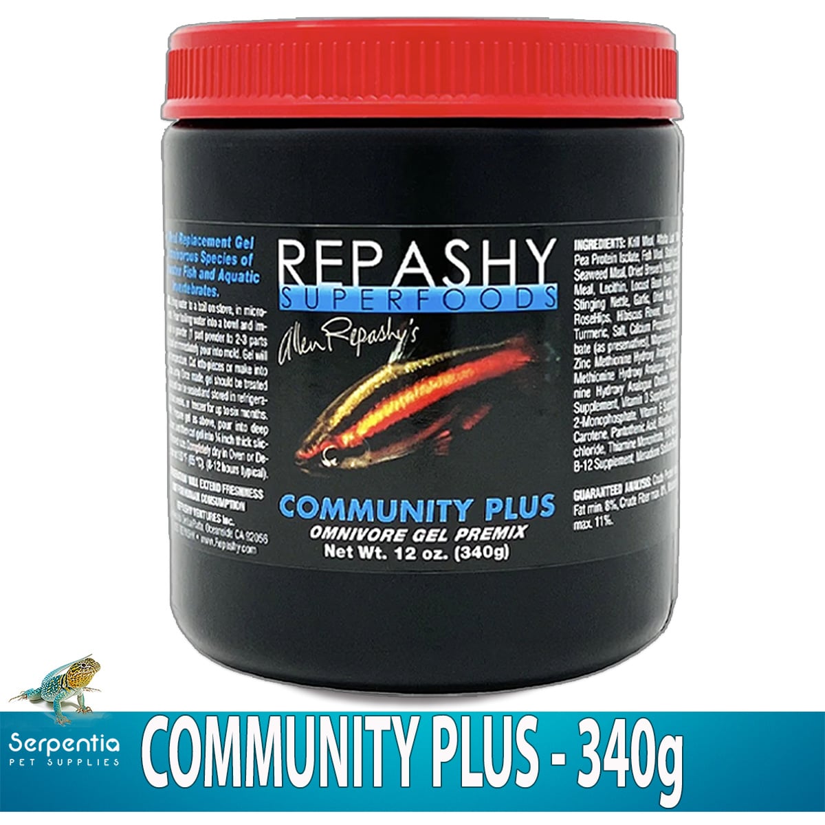 Repashy Community Plus 340g fish food jar showing omnivorous freshwater gel diet for aquarium fish