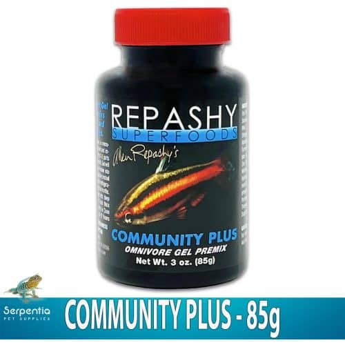 Repashy Community Plus 85g fish food jar showing omnivorous freshwater gel diet for aquarium fish