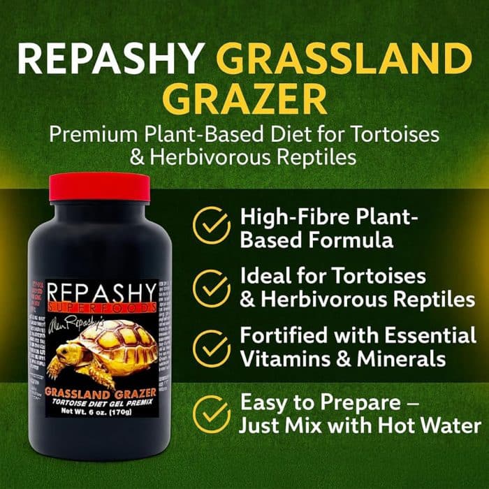 Repashy Grassland Grazer 170g infographic showing key benefits and product jar