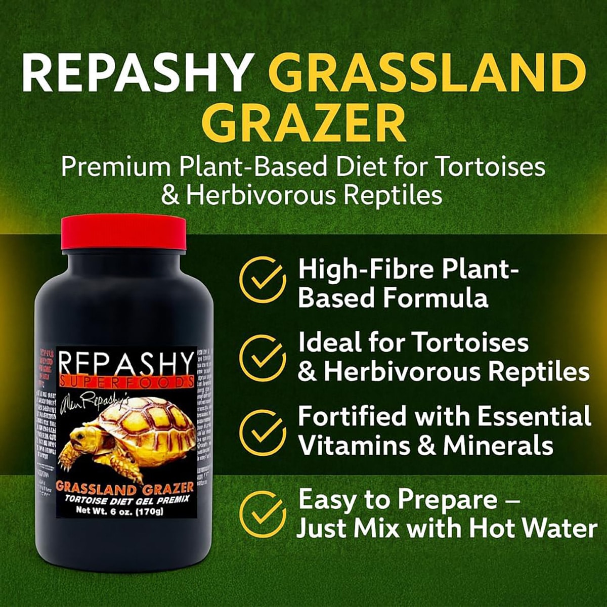 Repashy Grassland Grazer 170g infographic showing key benefits and product jar