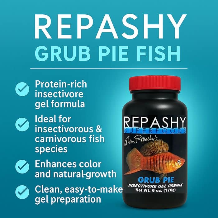 Repashy Grub Pie 170g infographic showing insect meal nutrients for tropical freshwater fish