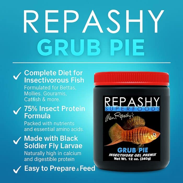 Repashy Grub Pie 340g infographic showing insect meal nutrients for tropical freshwater fish