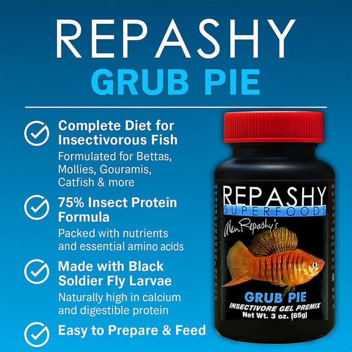 Repashy Grub Pie 85g infographic showing insect meal nutrients for tropical freshwater fish