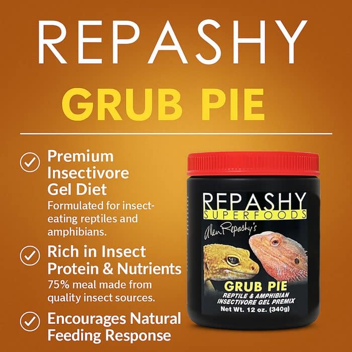 Repashy Grub Pie Reptile 340g infographic showing key benefits and product jar