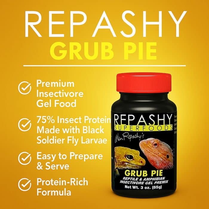 Repashy Grub Pie Reptile 85g infographic showing key benefits and product jar