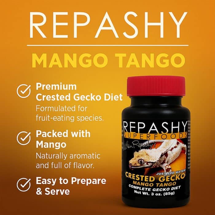 Repashy Mango Tango 85g key benefits infographic showing nutrition and feeding features for Crested Geckos.