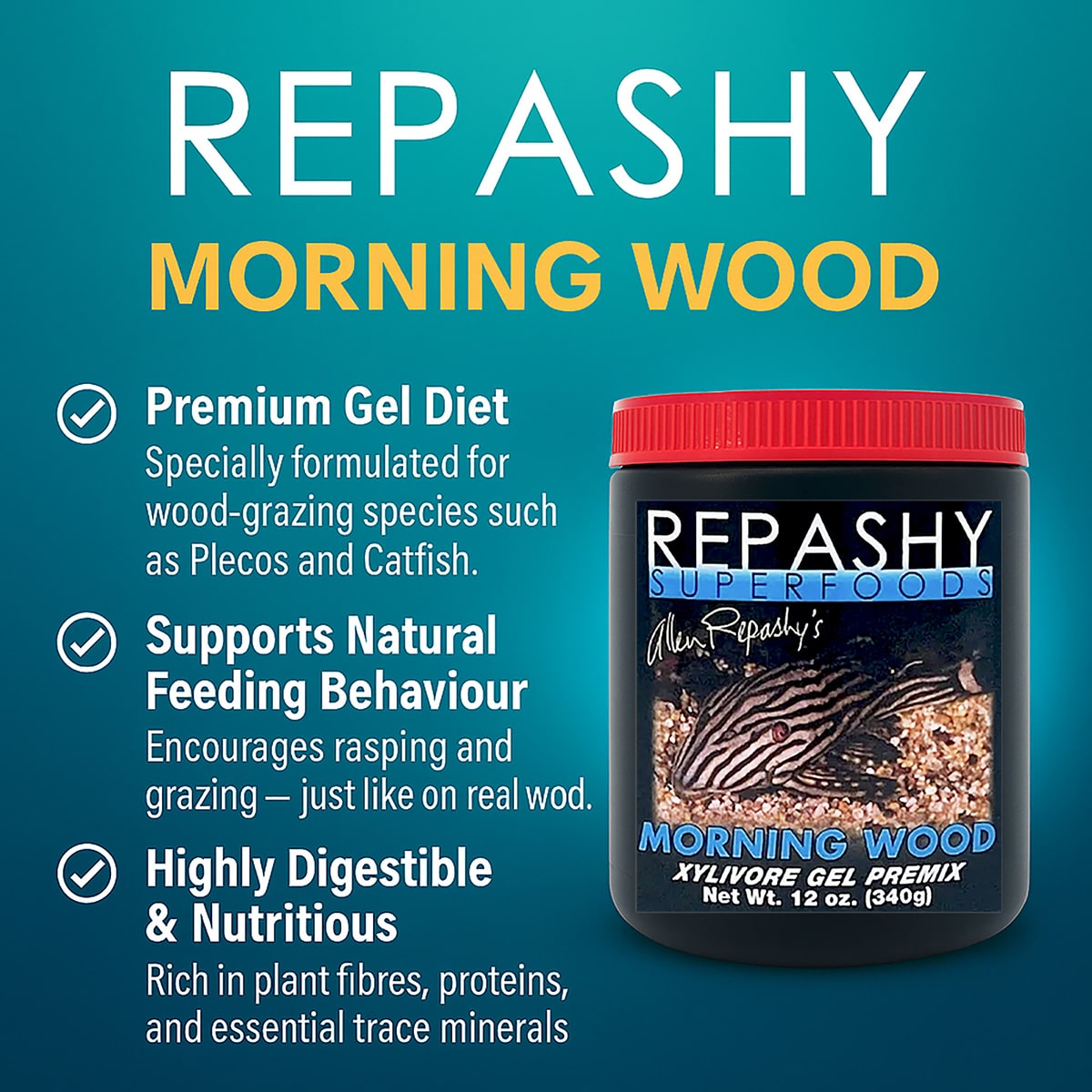 Repashy Morning Wood 340g infographic high fibre nutrition for plecos and grazing fish