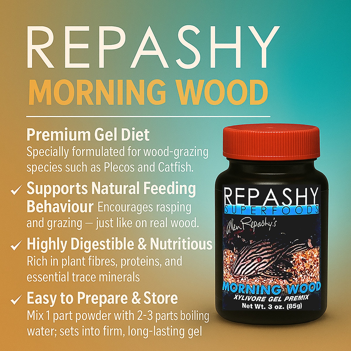 Repashy Morning Wood 85g infographic high fibre nutrition for plecos and grazing fish
