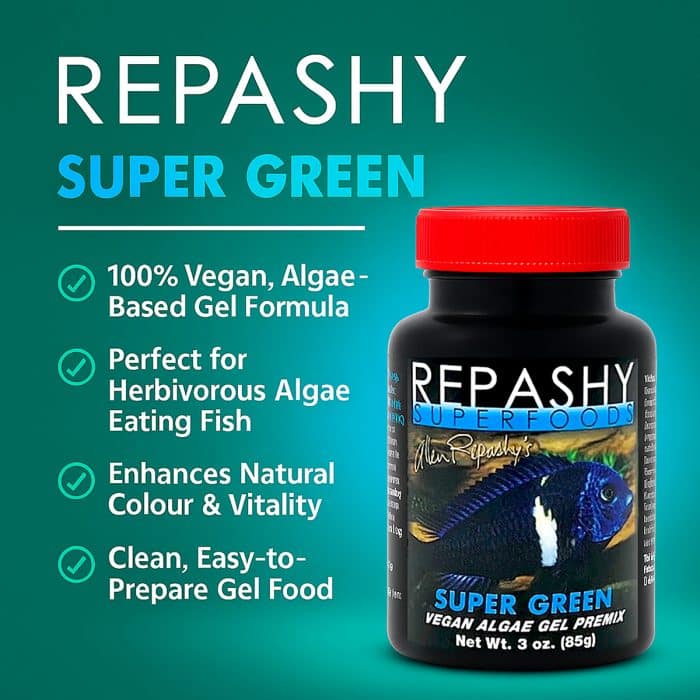 Repashy Super Green 85g infographic spirulina and plant-based nutrition for herbivorous fish
