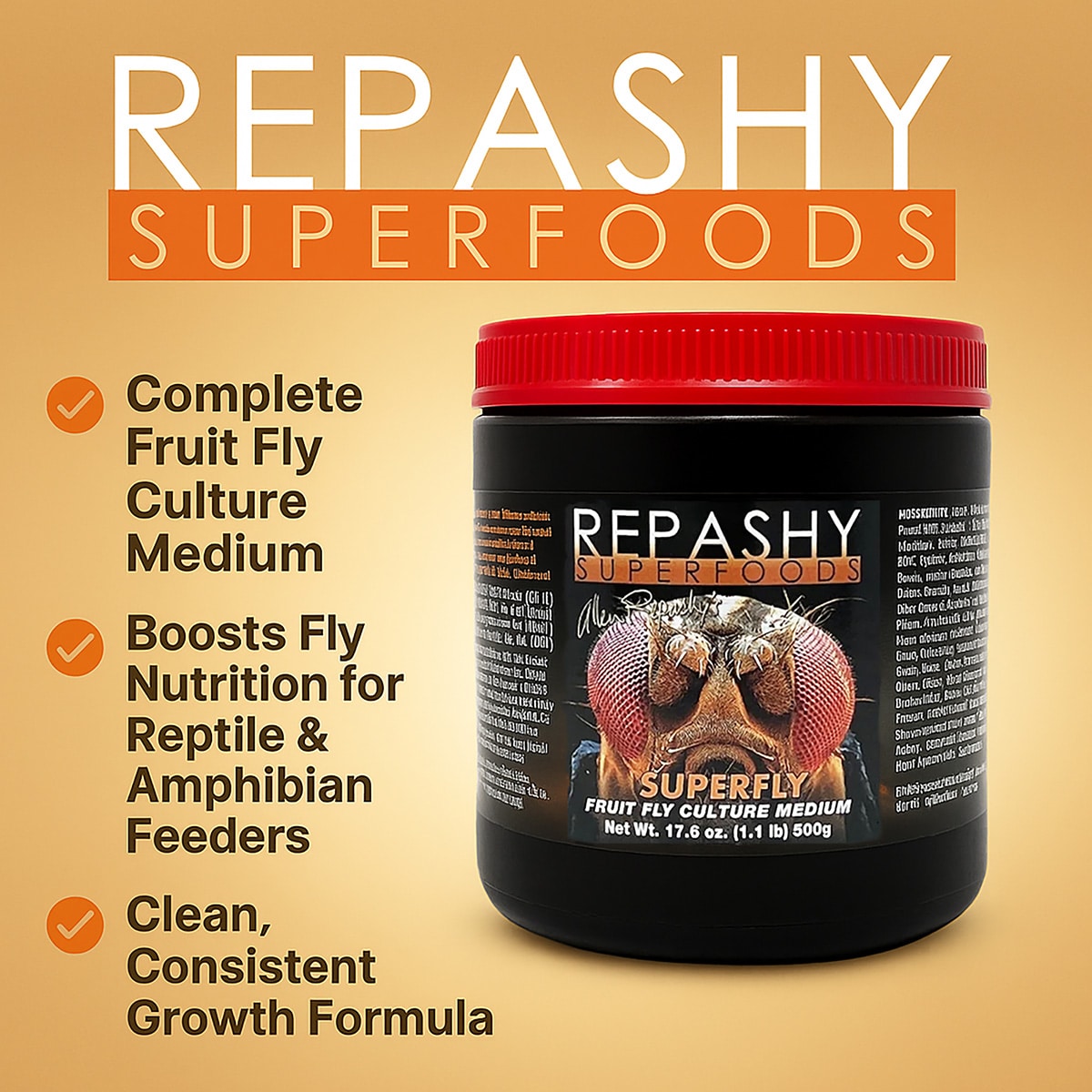 Repashy SuperFly 500g key benefits infographic for fruit fly breeding and culture media preparation