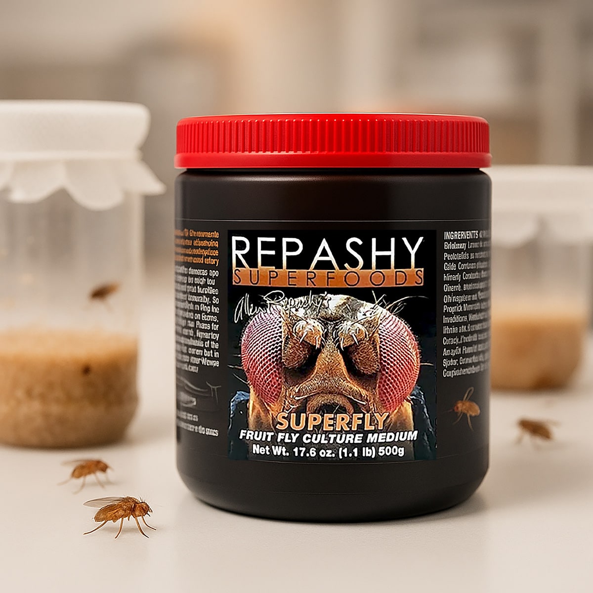 Repashy SuperFly 500g mixed fruit fly culture media prepared in cups for Drosophila cultures