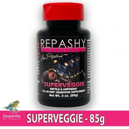 Repashy Superveggie 85g herbivore supplement in black jar with red lid on white background.