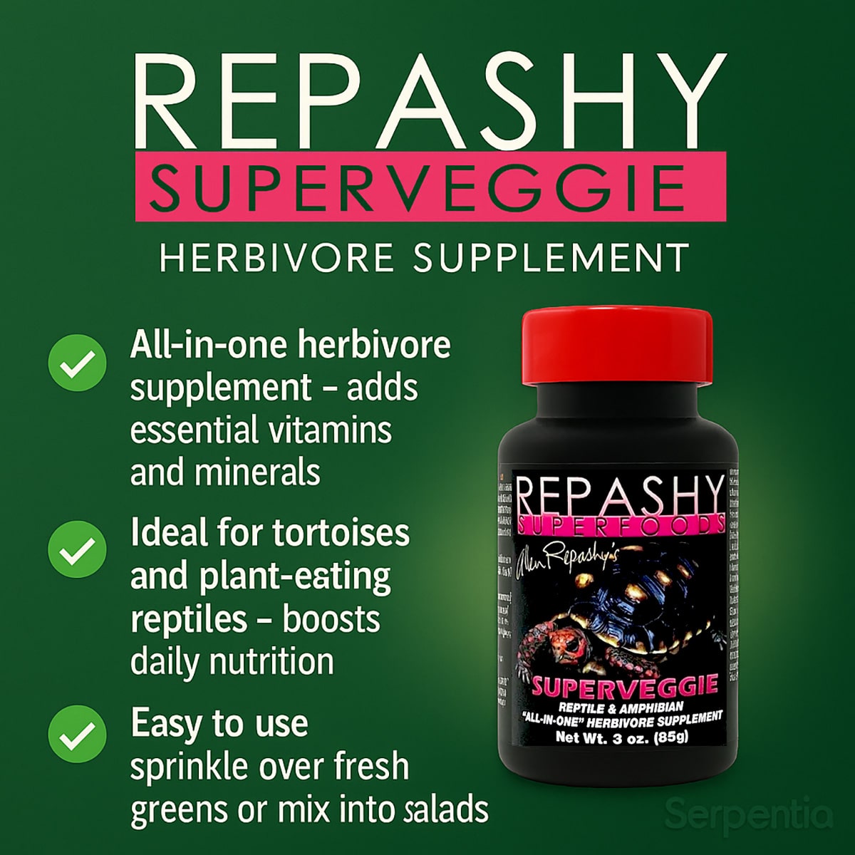 Repashy Superveggie infographic showing herbivore supplement benefits with product image and green tick icons.