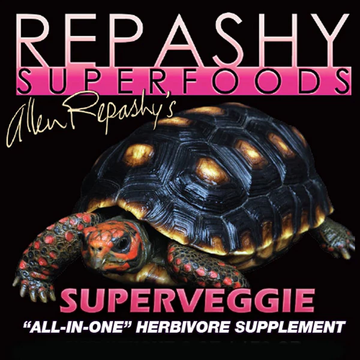 Close-up of Repashy Superveggie label showing product branding, tortoise image, and supplement details.