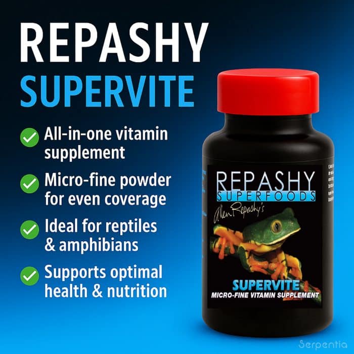 Repashy Supervite 85g infographic showing key benefits of the reptile and amphibian vitamin supplement.