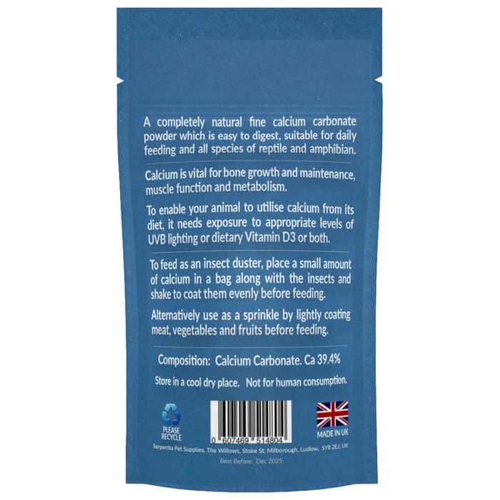 Rear label of Serpentia Calcium Powder 100g showing ingredients and feeding guidelines