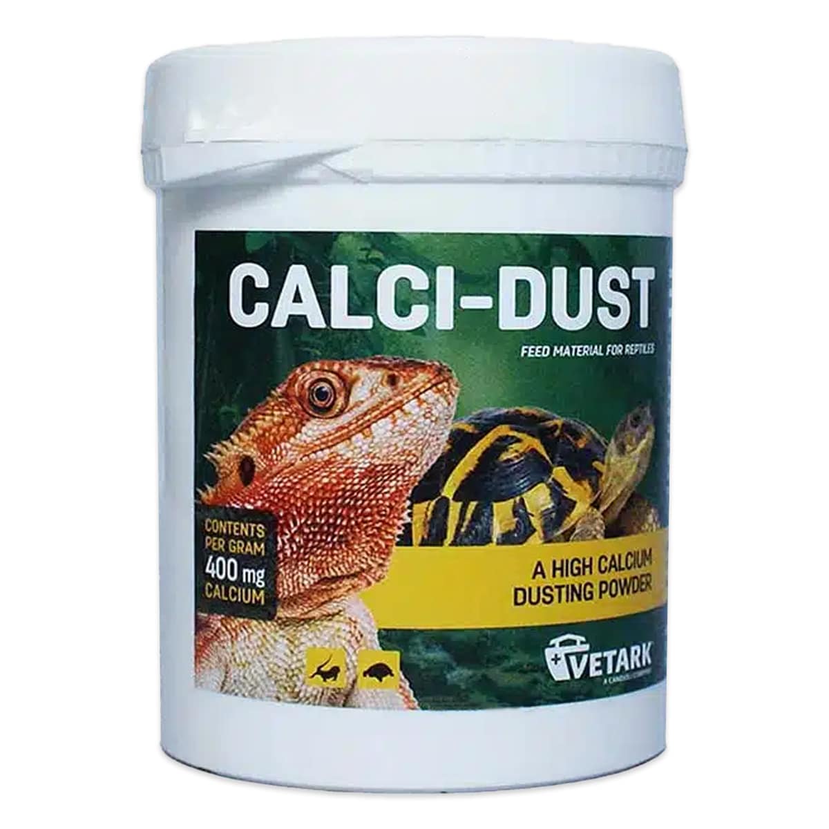 Vetark Calci-Dust 150g pure calcium dusting powder for reptiles in white tub on white background.