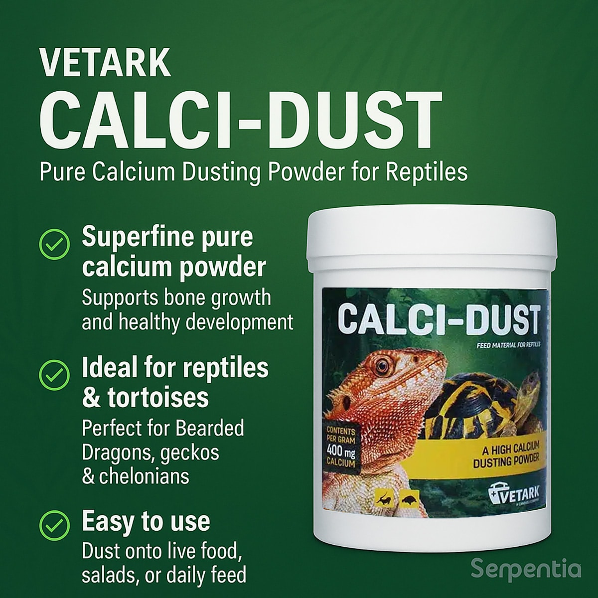 Vetark Calci-Dust infographic showing key benefits of the calcium dusting powder with product image and checkmark icons.