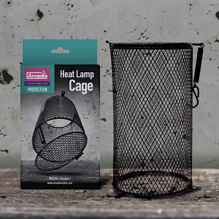 Arcadia Heat Lamp Cage next to retail packaging