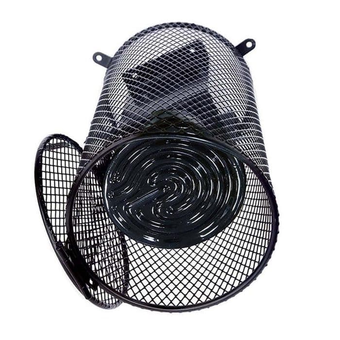 Arcadia Heat Lamp Cage showing open hinged lid access with Arcadia Ceramic Holder Pro and Ceramic Heat Lamp fitted inside