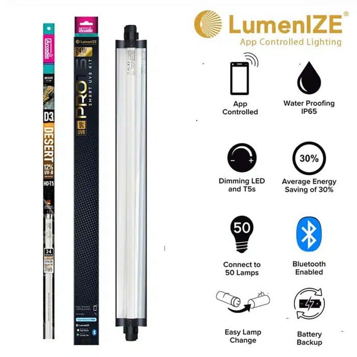 Arcadia LumenIZE Pro T5 Desert 24W kit with product tube, fixture and feature icons showing app control, IP65 waterproofing, dimming and 30% energy savings