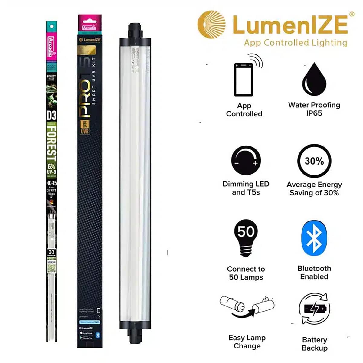 Arcadia LumenIZE Pro T5 Forest 6% UVB 24W lighting kit with HO-T5 tube and app-controlled smart fixture