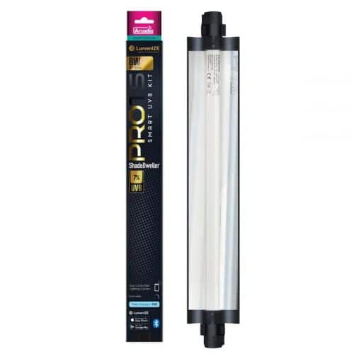 Arcadia LumenIZE Pro T5 Shadedweller 7% UVB 8W lighting kit showing lamp, fixture and retail packaging.
