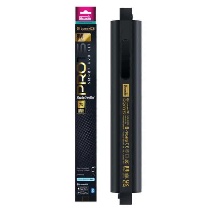 Arcadia LumenIZE Pro T5 Shadedweller 7% UVB 8W kit showing side view of the fixture and lighting unit.