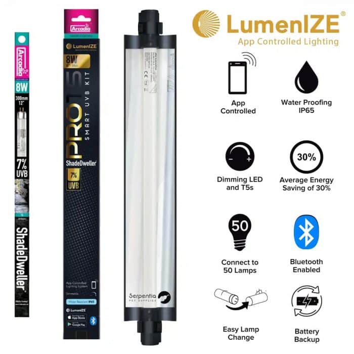 Arcadia LumenIZE Pro T5 Shadedweller 8W kit with feature icons for app control, IP65 waterproofing, dimming, Bluetooth and energy savings.