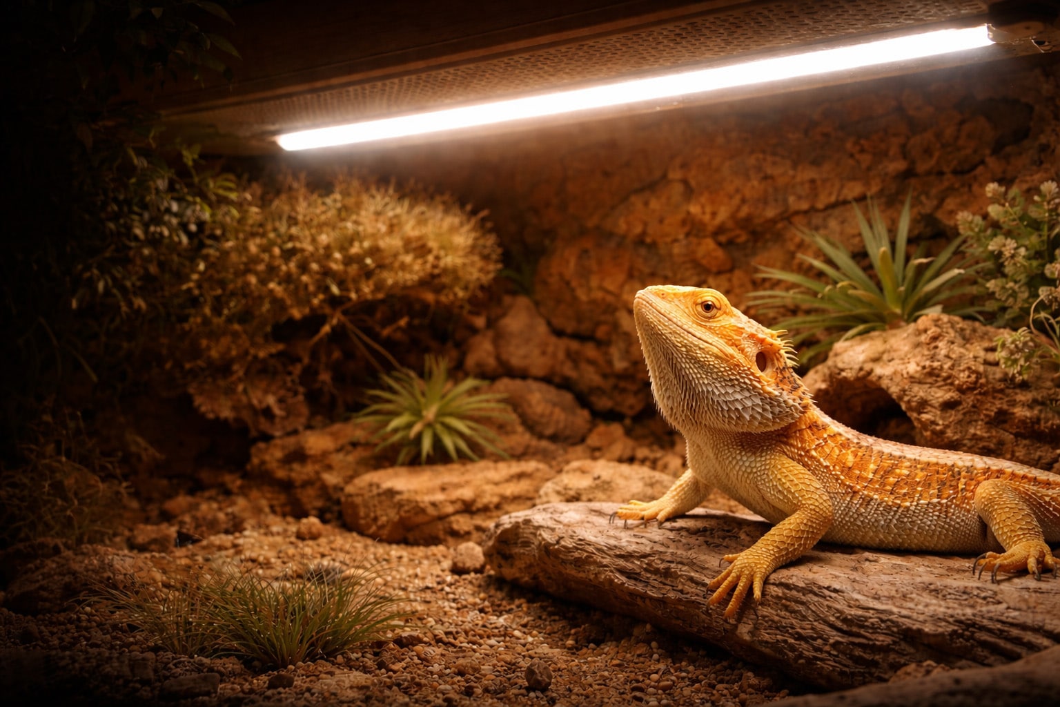 Bearded dragon basking under a linear UVB lamp in a properly lit vivarium