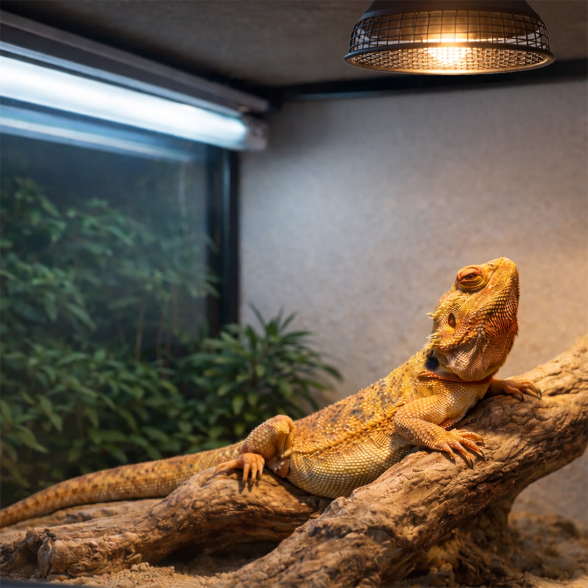 Bearded Dragon in a vivarium basking on a branch under safety caged basking heat lamp with UVB lighting overhead.
