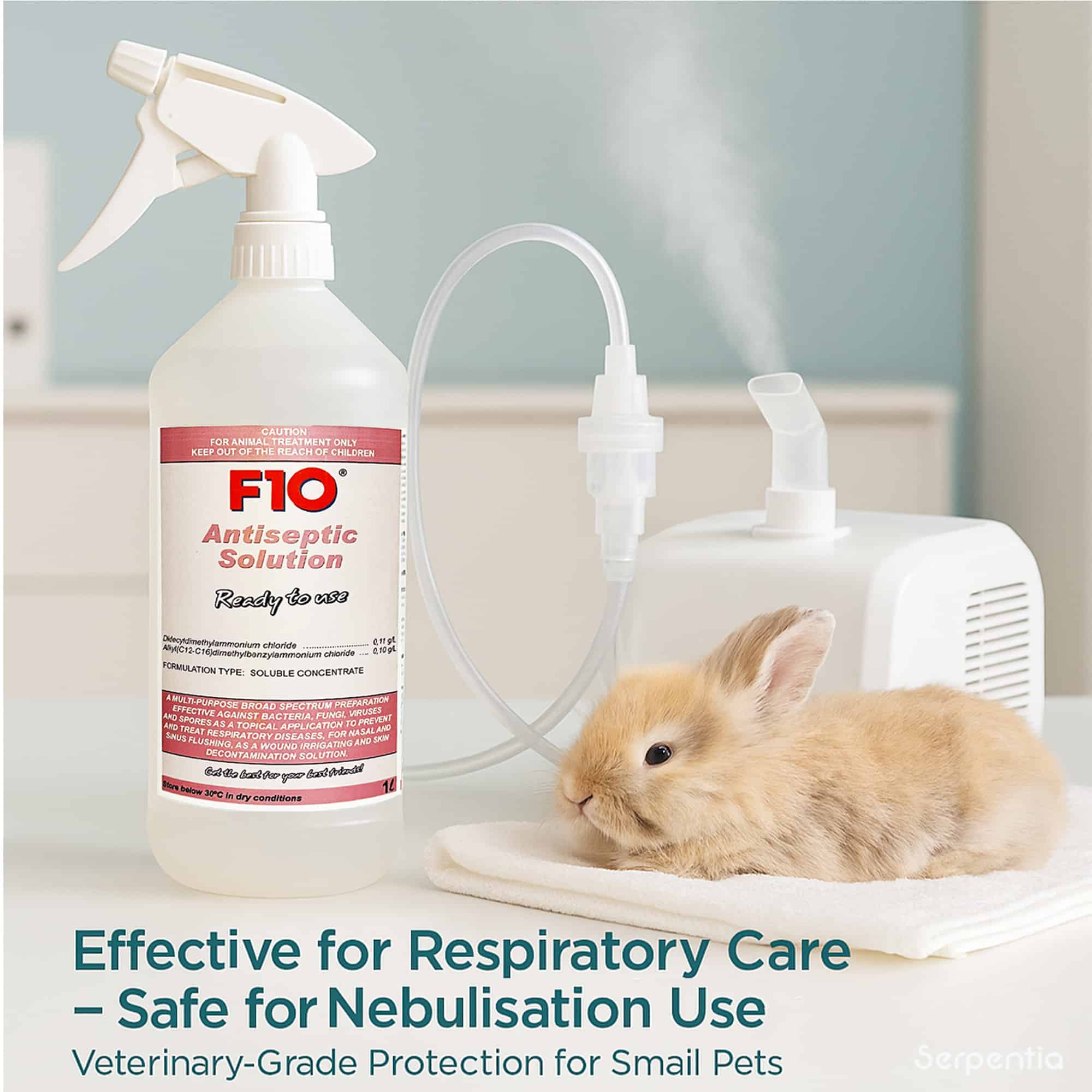 F10 Antiseptic Solution Ready to Use Spray with nebuliser equipment and rabbit, showing suitability for respiratory care