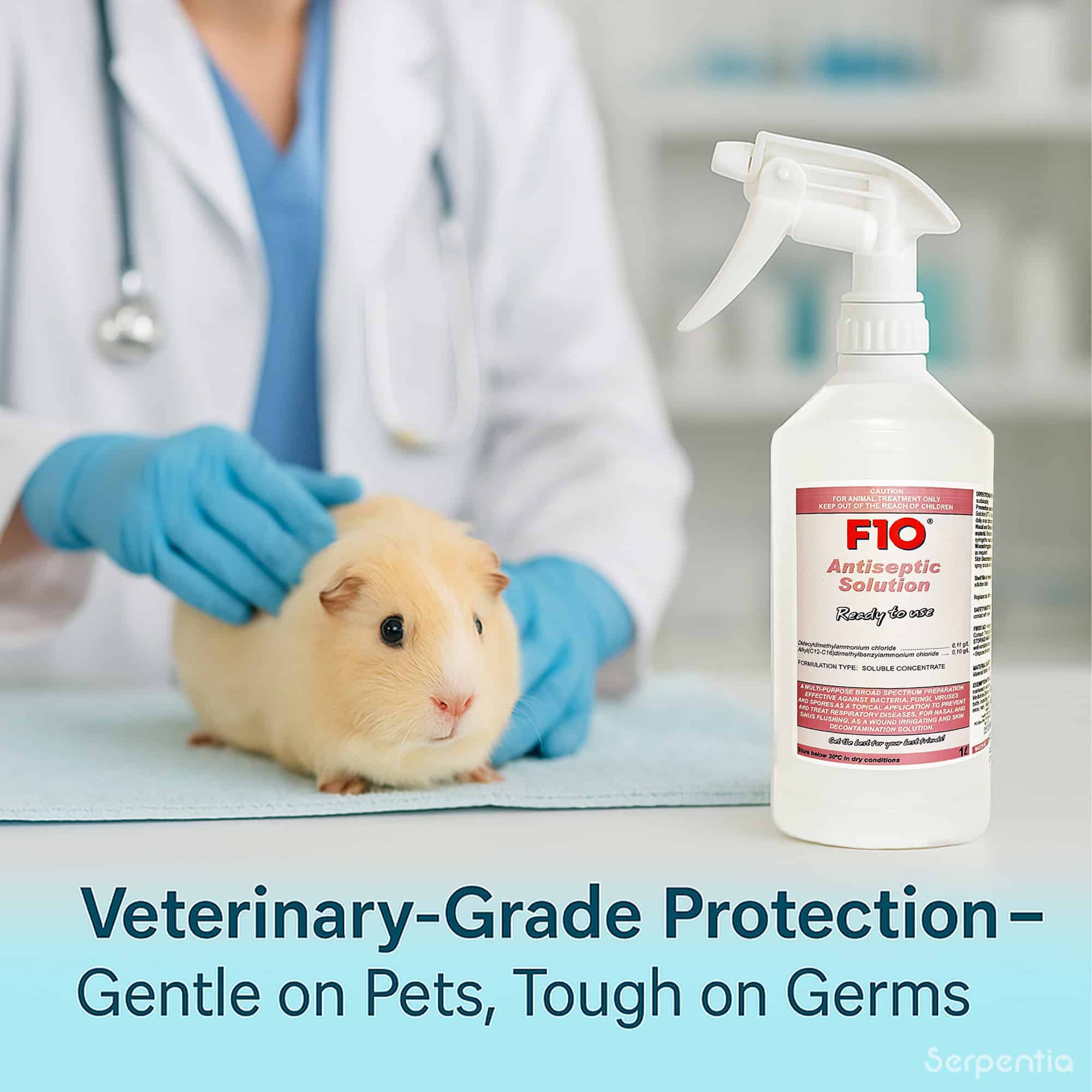 F10 Antiseptic Solution Ready to Use Spray next to a guinea pig during a vet checkup, suitable for all small pets