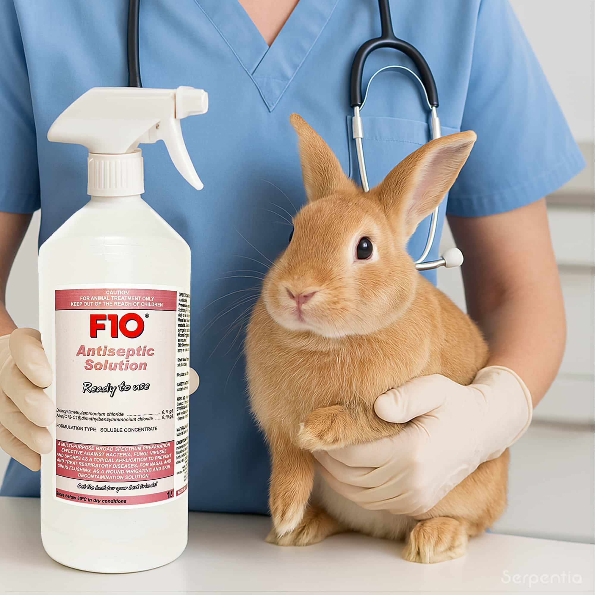Vet holding a rabbit alongside F10 Antiseptic Solution Ready to Use Spray, demonstrating veterinary-grade wound care