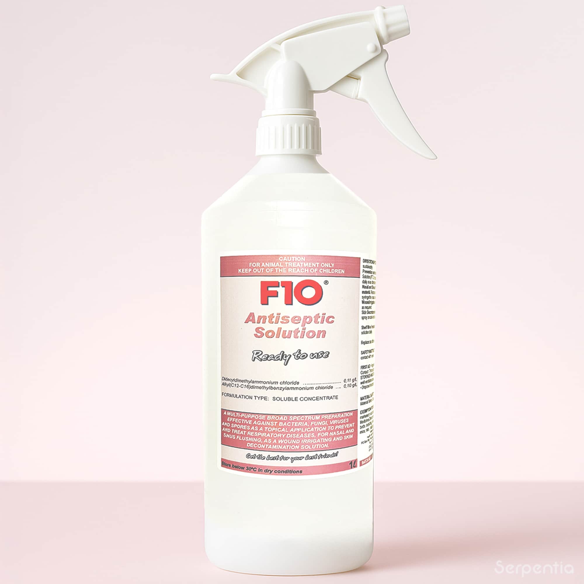 F10 Antiseptic Solution Ready to Use Spray 1 Litre bottle – veterinary-grade antiseptic for wound care and skin cleansing