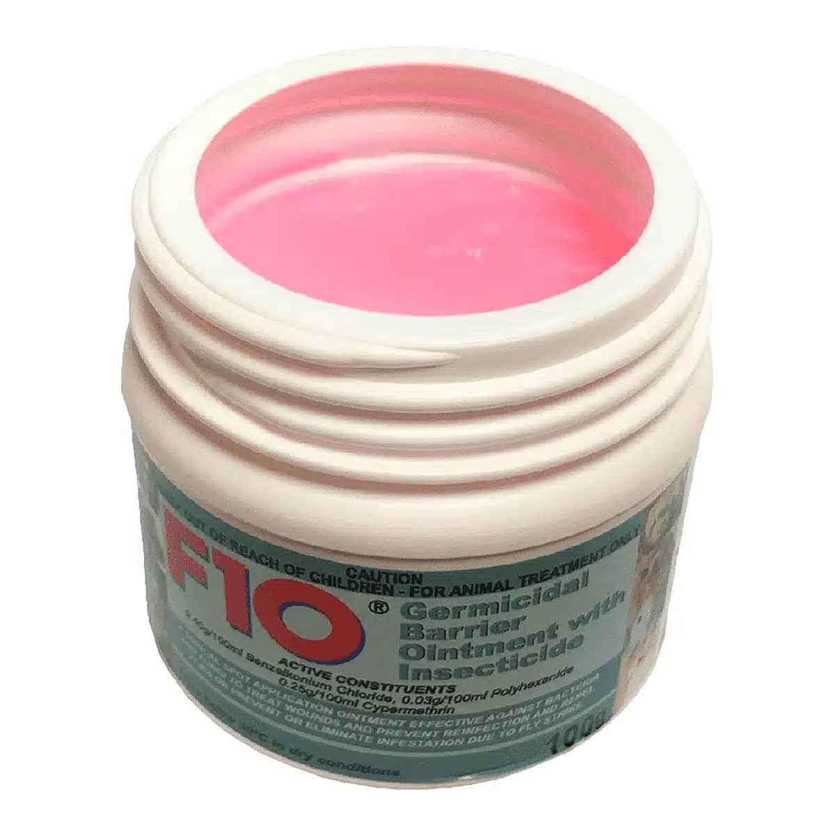 F10 Germicidal Barrier Ointment with Insecticide 100g showing open jar with pink coloured ointment