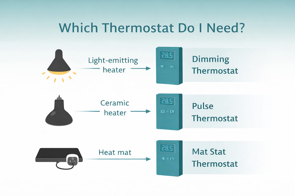 Diagram showing which reptile thermostat type to use with light-emitting heaters, ceramic heaters, and heat mats