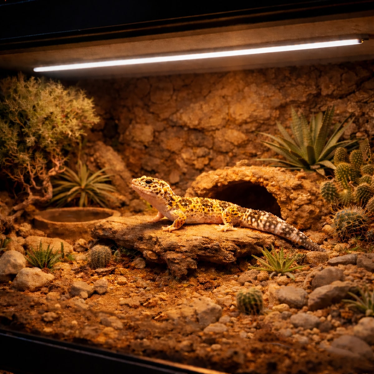 Leopard Gecko basking under heat lamp in a vivarium fitted with 7% UVB T5 light