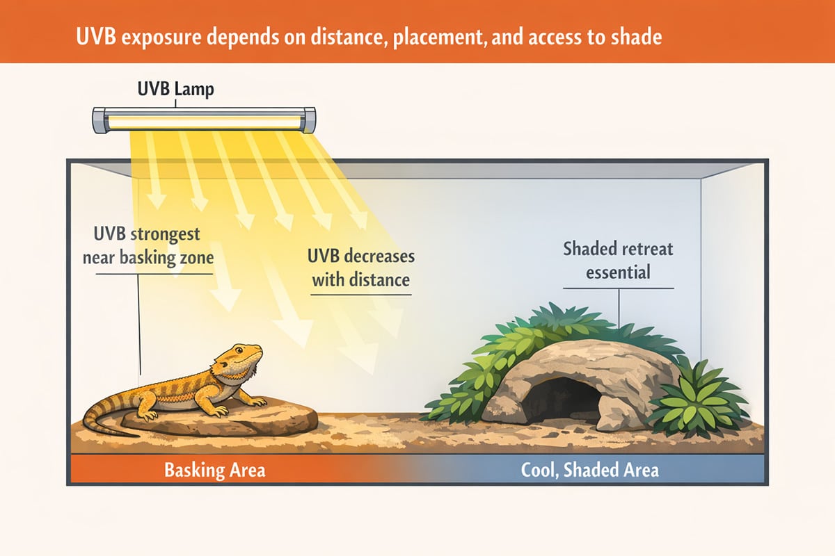 Diagram showing correct UVB lamp placement above the basking area with decreasing UVB intensity toward a shaded retreat zone in a reptile enclosure.